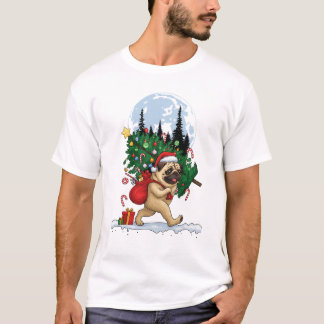 Camiseta Cachorro Pug de Natal Fofo Com Árvore e Presentes