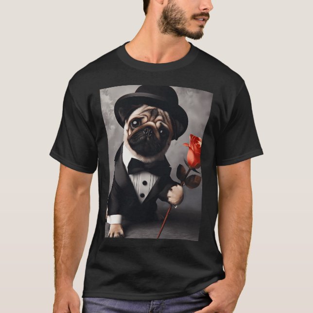Camiseta Cachorro pug em terno com rosa vermelho (Frente)