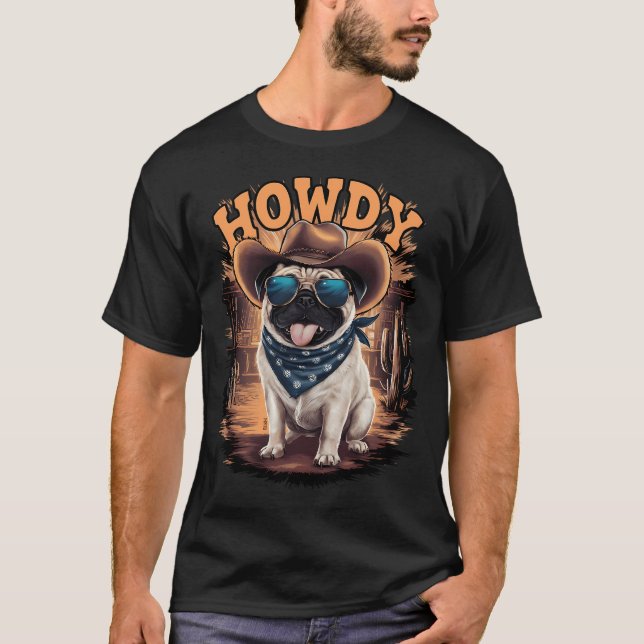 Camiseta Cachorro Pug Engraçado Caubói Caubói Ocidental Paí (Frente)