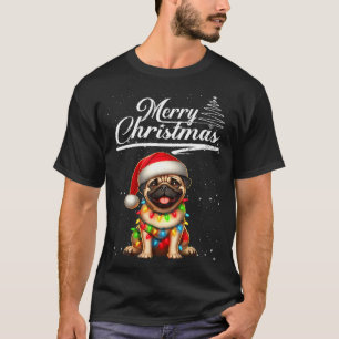 Camiseta Cachorro Pug Engraçado Luzes de Natal Chapéu de Pa