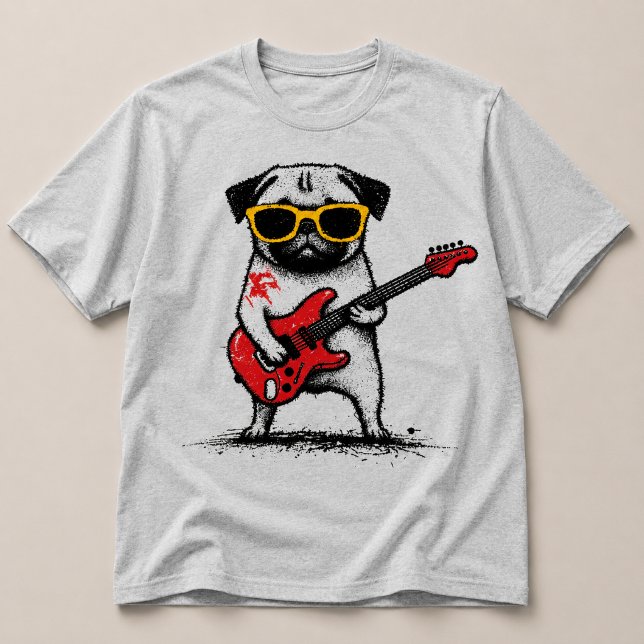 Camiseta Cachorro Pug Estrela de Rock Tocando Guitarra Elét (Criador carregado)