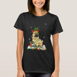 Camiseta Cachorro Pug Fofa Chapéu de Elfo Luzes de Natal