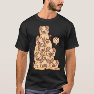 Camiseta Cachorro Pug Fofinho de Pilha Chibi Mulheres Menin