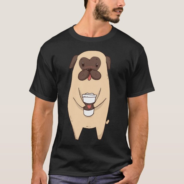 Camiseta Cachorro Pug Fofo Com Café (Frente)