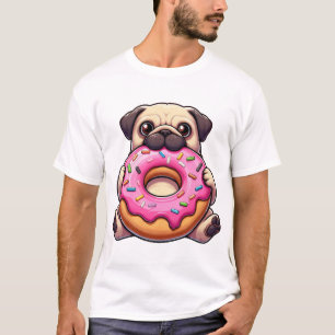 Camiseta Cachorro pug fofo com donut desenho animado engraç