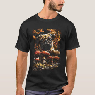 Camiseta Cachorro Pug Fofo com Folhas de Outono Cogumelos C