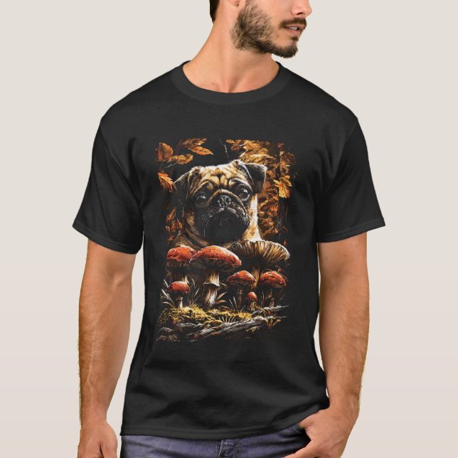 Camiseta Cachorro Pug Fofo com Folhas de Outono Cogumelos C (Frente)
