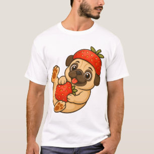 Camiseta Cachorro pug fofo com morangos desenho animado doc