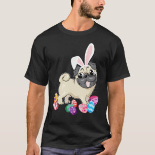Camiseta Cachorro Pug Fofo Com Ovos de Páscoa Feliz Chapéu