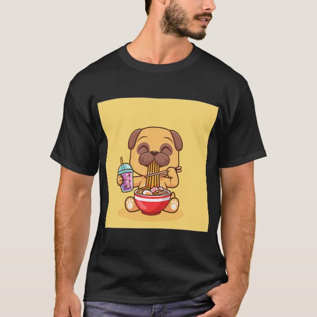 Camiseta Cachorro Pug Fofo Comendo Ramen e Bebendo Chá de L (Frente)