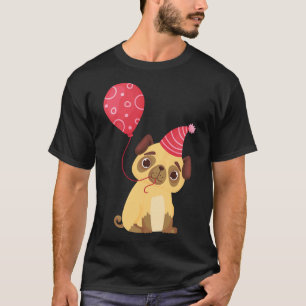 Camiseta Cachorro Pug Fofo de Aniversário Com Balão e Chapé