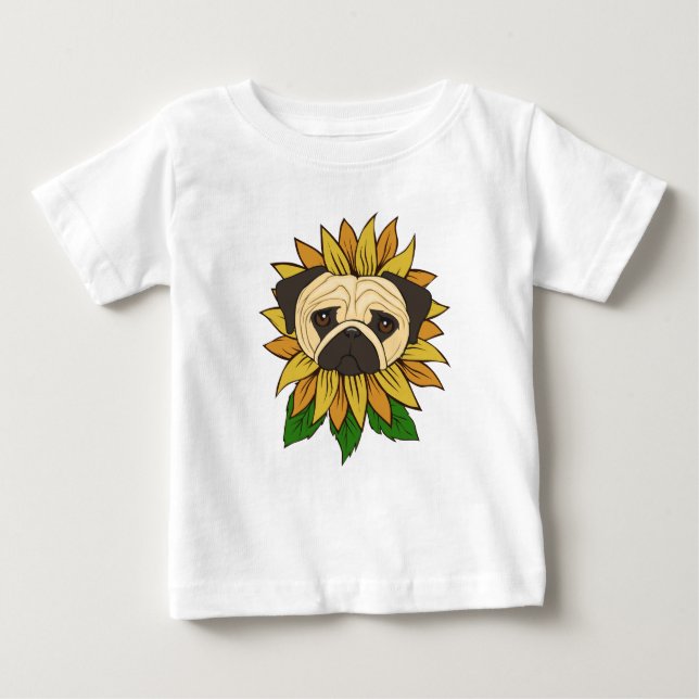 Camiseta Cachorro Pug Fofo em um Girassol (Frente)