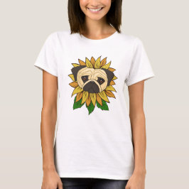 Camiseta Cachorro Pug Fofo em um Girassol