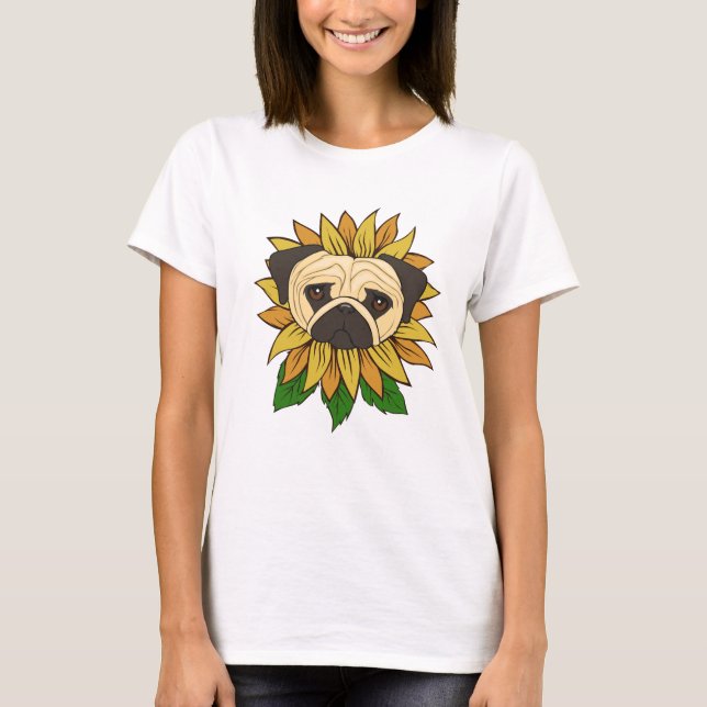 Camiseta Cachorro Pug Fofo em um Girassol (Frente)
