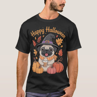 Camiseta Cachorro Pug Fofo Halloween Bruxa Abóboras Café