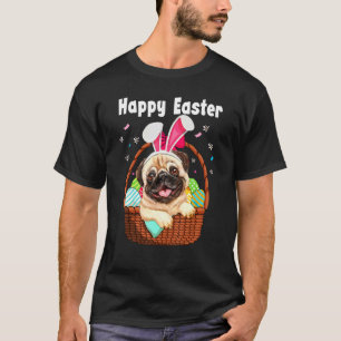 Camiseta Cachorro Pug Fofo Vestindo Orelhas de Coelho Cesta