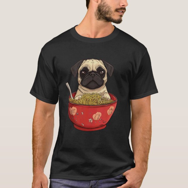 Camiseta Cachorro Pug Macarrão Ramen Engraçado (Frente)