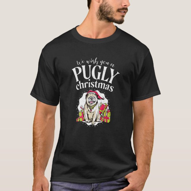 Camiseta Cachorro Pug Natalino Angustiado Retro (Frente)