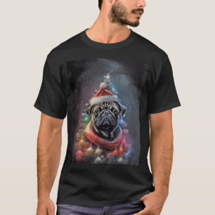 Camiseta Cachorro Pug Preto Árvore de Natal Papai Noel