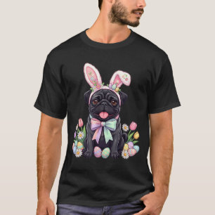 Camiseta Cachorro pug preto coelho de páscoa ovos floral de