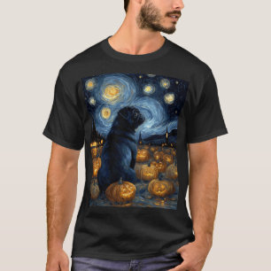 Camiseta Cachorro Pug preto da noite estrelada de van gogh 