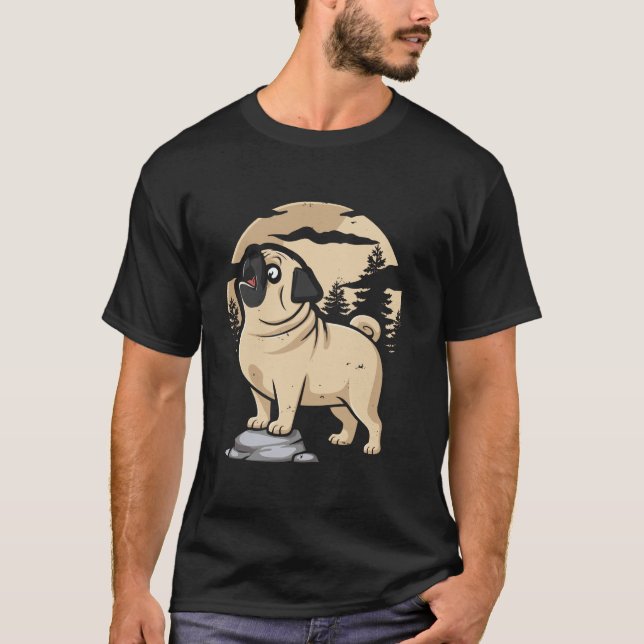 Camiseta Cachorro Pug - Raça Pugs Uivando para a Lua (Frente)