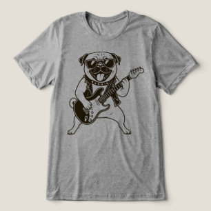 Camiseta Cachorro Pug Rockstar Feliz Tocando Guitarra Elétr
