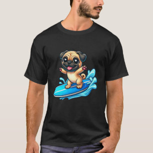 Camiseta Cachorro Pug Surfista Fofo com Prancha de Surfe Ve