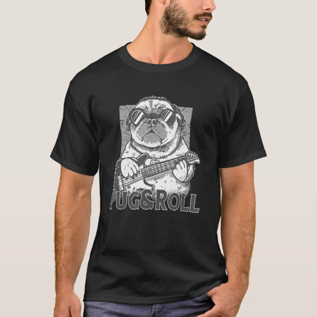 Camiseta Cachorro Pug Toca Guitarra Rockstar (Frente)