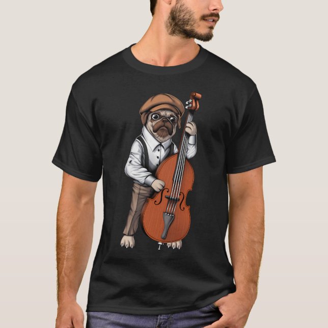 Camiseta Cachorro Pug Tocando Contrabaixo (Frente)