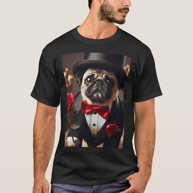 Camiseta Cachorro pug triste em terno com rosa vermelha (Frente)
