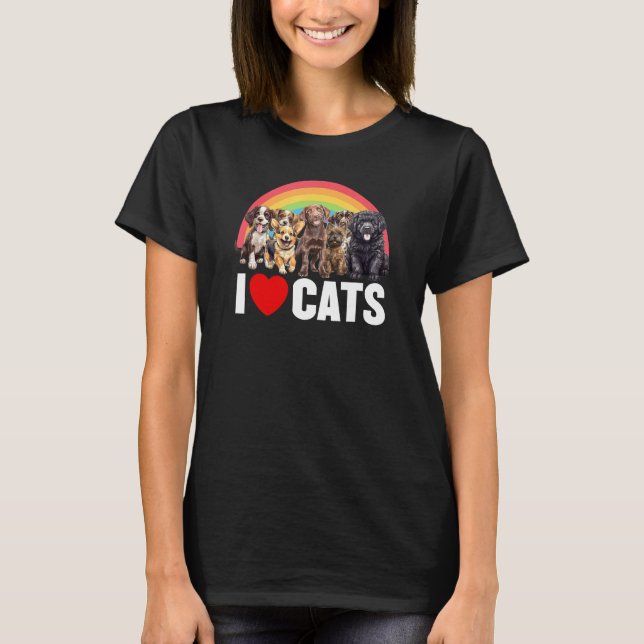 Camiseta Cachorro Que Diz Eu Amo Gatos Arco-íris Cachorro (Frente)