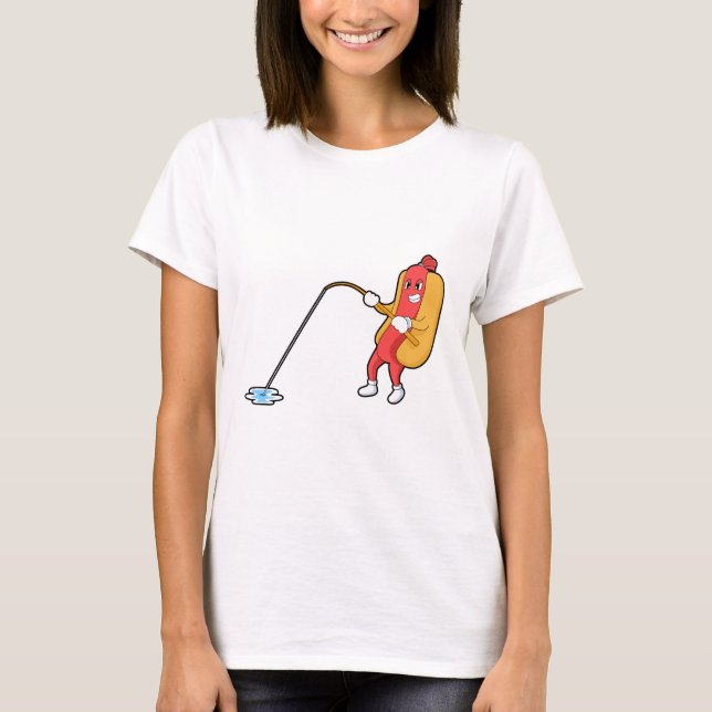 Camiseta Cachorro-quente na pesca com vara de pesca (Frente)