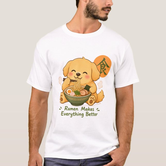 Camiseta Cachorro Ramen Fofo – Kawaii Cachorro Comendo Rame (Frente)