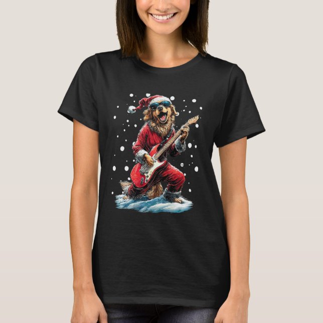 Camiseta Cachorro Retriever Dourado De Natal Tocando Violão (Frente)