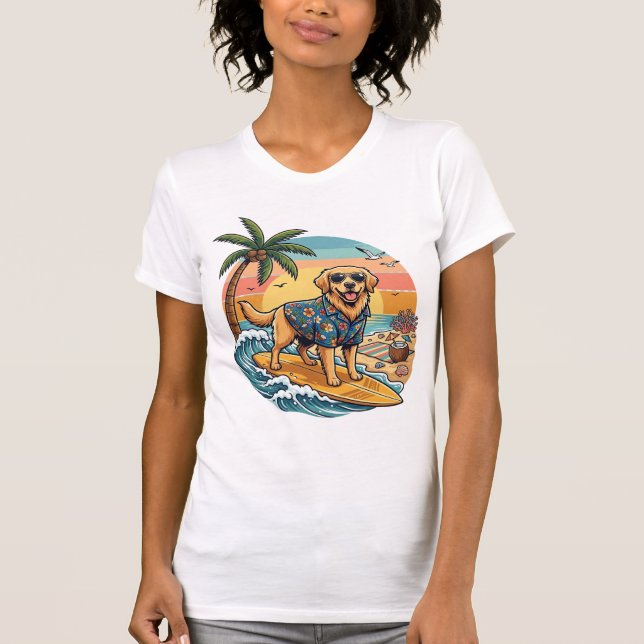 Camiseta Cachorro Retriever Dourado Surfando Prancha de Sur (Frente)