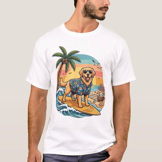 Camiseta Cachorro Retriever Dourado Surfando Prancha de Sur (Frente)