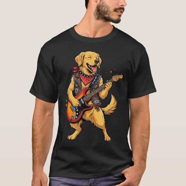 Camiseta Cachorro Retriever Dourado Tocando Elétrico (Frente)