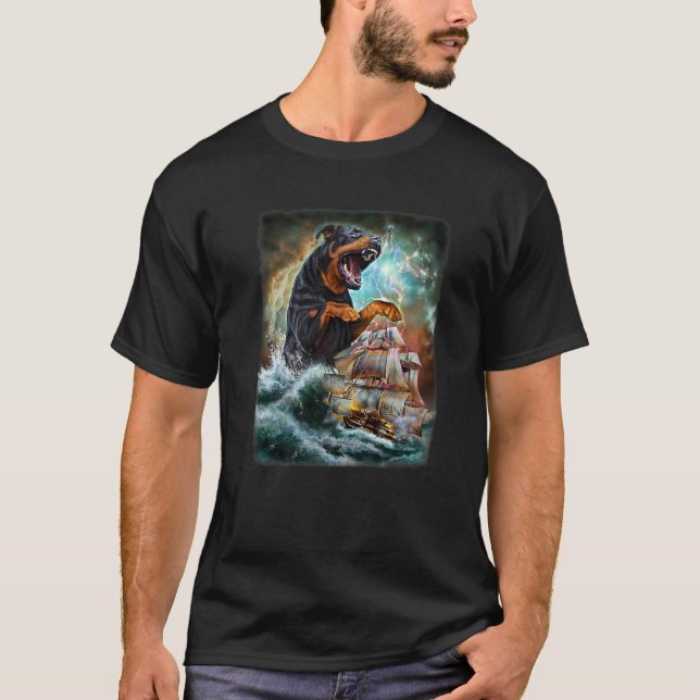 Camiseta Cachorro Rottweiler Como Kraken Ataca Um Navio De  (Frente)