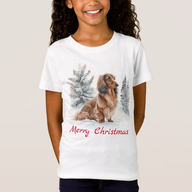 Camiseta Cachorro Salsicha Dachshund Natal Bonito de Cabelo (Frente)