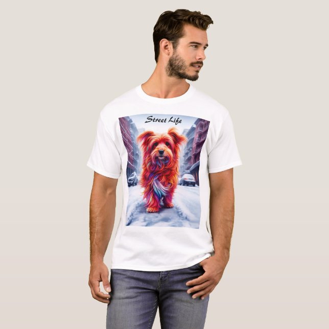 Camiseta Cachorro sem-teto em neve fria e noite urbana (Frente Completa)