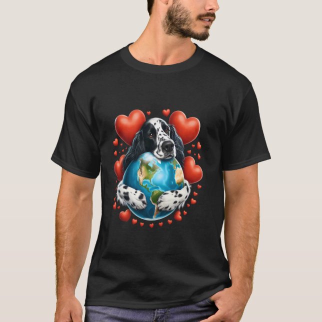 Camiseta Cachorro Setter Inglês Dia da Terra Abraço Amor Do (Frente)