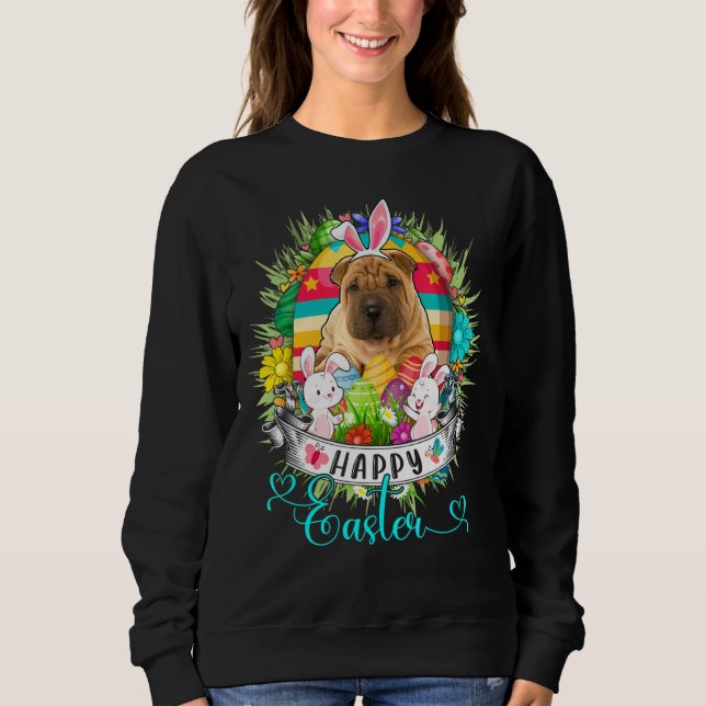 Camiseta Cachorro Shar Pei Na Cesta De Ovos De Páscoa Feliz (Frente)