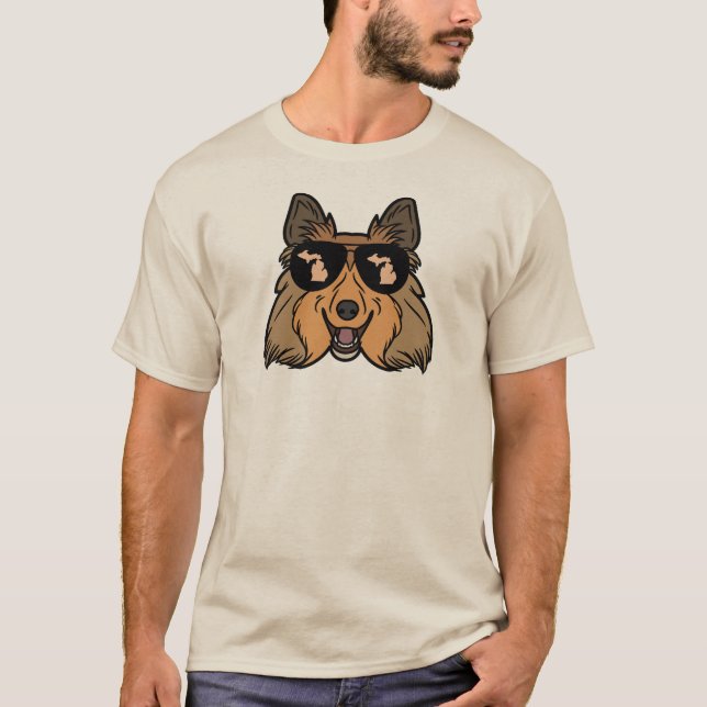 Camiseta Cachorro Shetland Usando Óculos de Sol de Michigan (Frente)