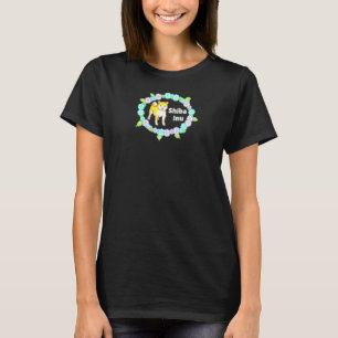 Camiseta Cachorro Shiba Inu Com Pixel De Flores Roxas Minús