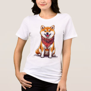 Camiseta Cachorro Shiba Inu Feliz Vestindo um Lenço Vermelh