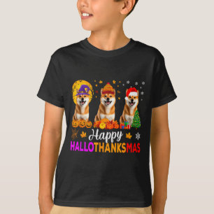 Camiseta Cachorro Shiba Inu Halloween Natal Hallothanksmas