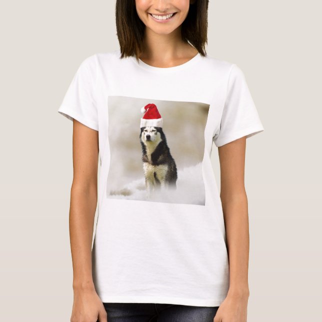 Camiseta Cachorro Siberiano Husky com Papai Noel em neve (Frente)