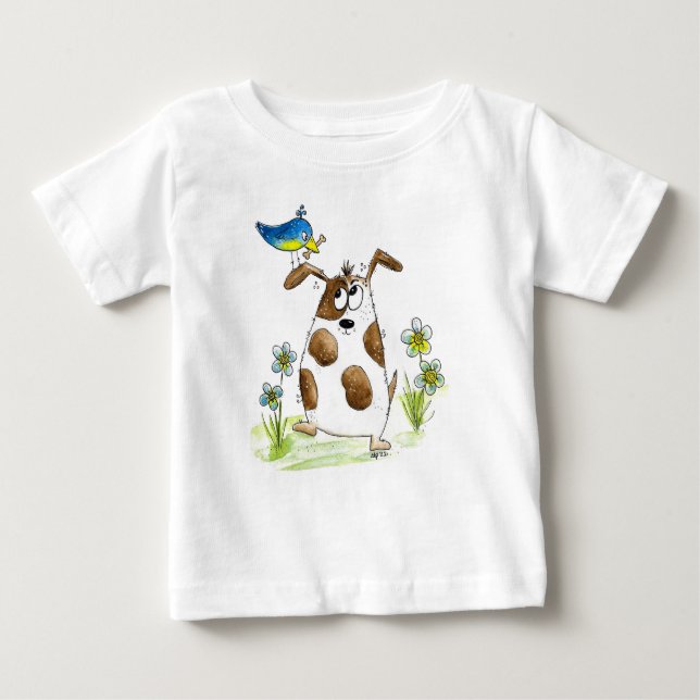 Camiseta Cachorro Spotado com Pássaro (Frente)