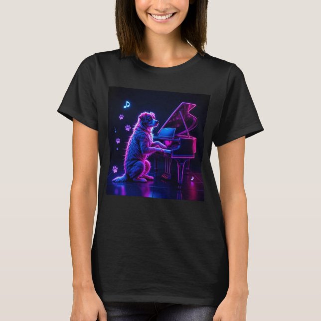 Camiseta Cachorro Tocando Piano Música Sobretudo (Frente)